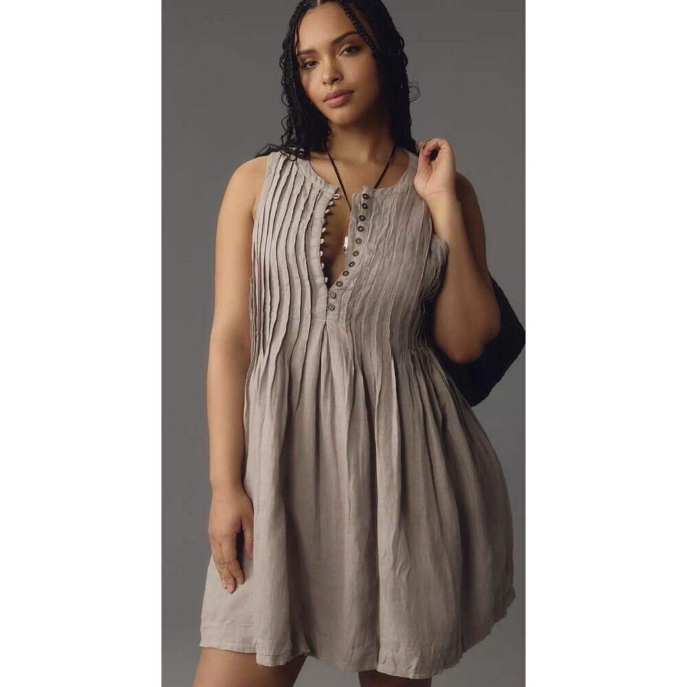 By Anthropologie Pleated Mini Dress Size 1X Plus Gray 100% Linen MSRP $158 NWT
